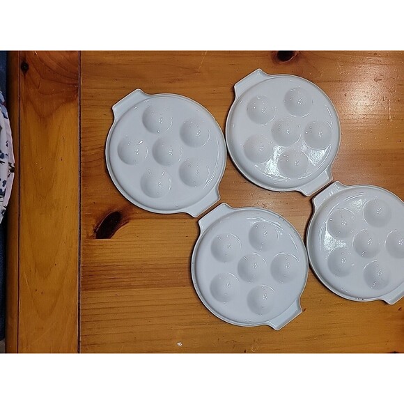 4 Escargot White Enamel Metal Plates Baking Dishes & Server Escargot/Mushroom - Picture 7 of 12